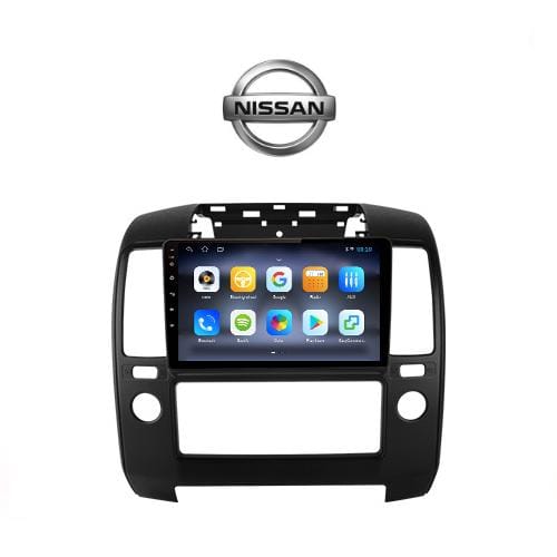 Radio pantalla táctil con CarPlay y Android Auto para Nissan Pathfinder y Navara mostrando menú de aplicaciones.