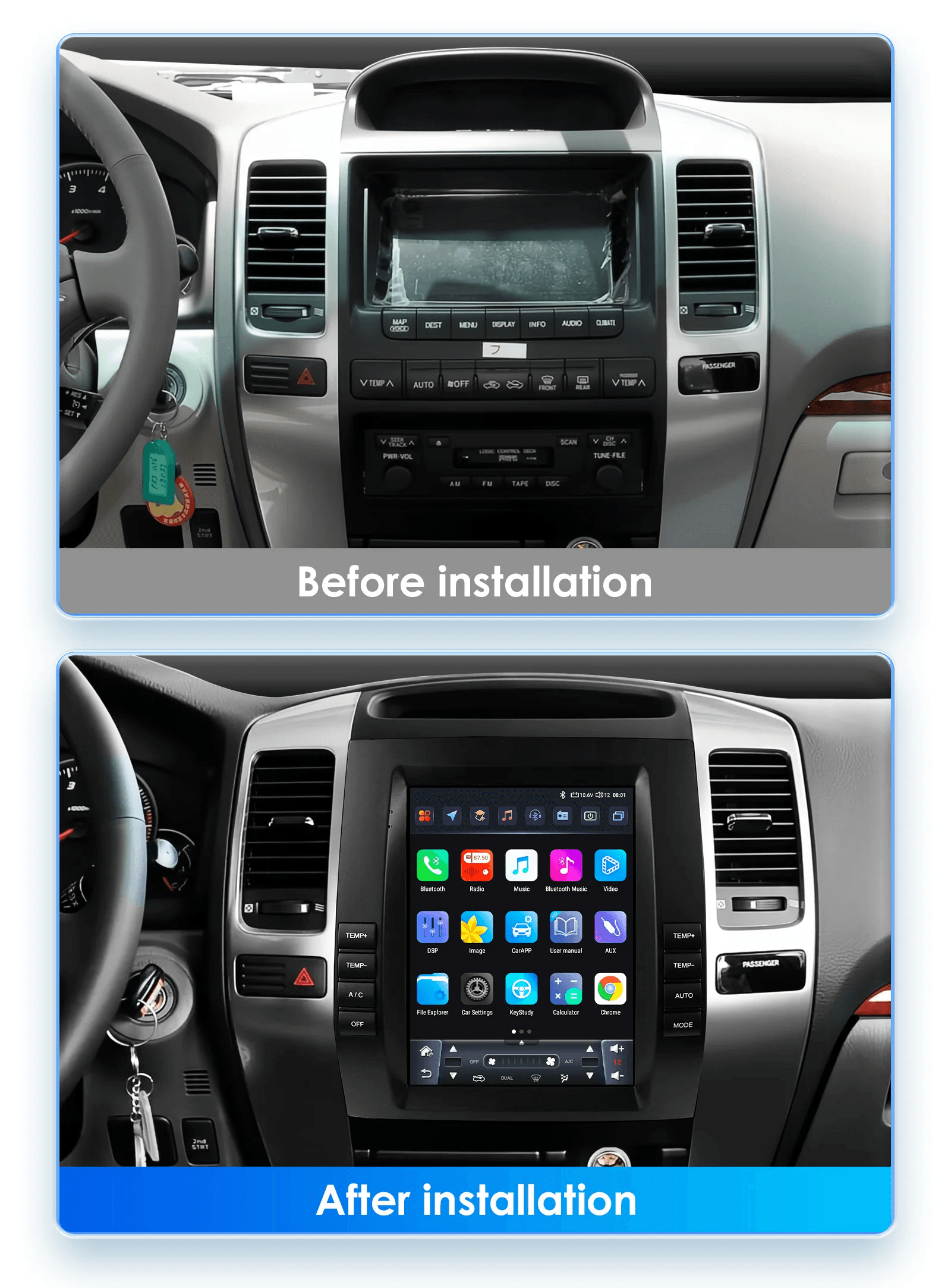 Comparativa visual: Radio original de serie vs nueva Pantalla Android 9.7 pulgadas instalada en Toyota Land Cruiser