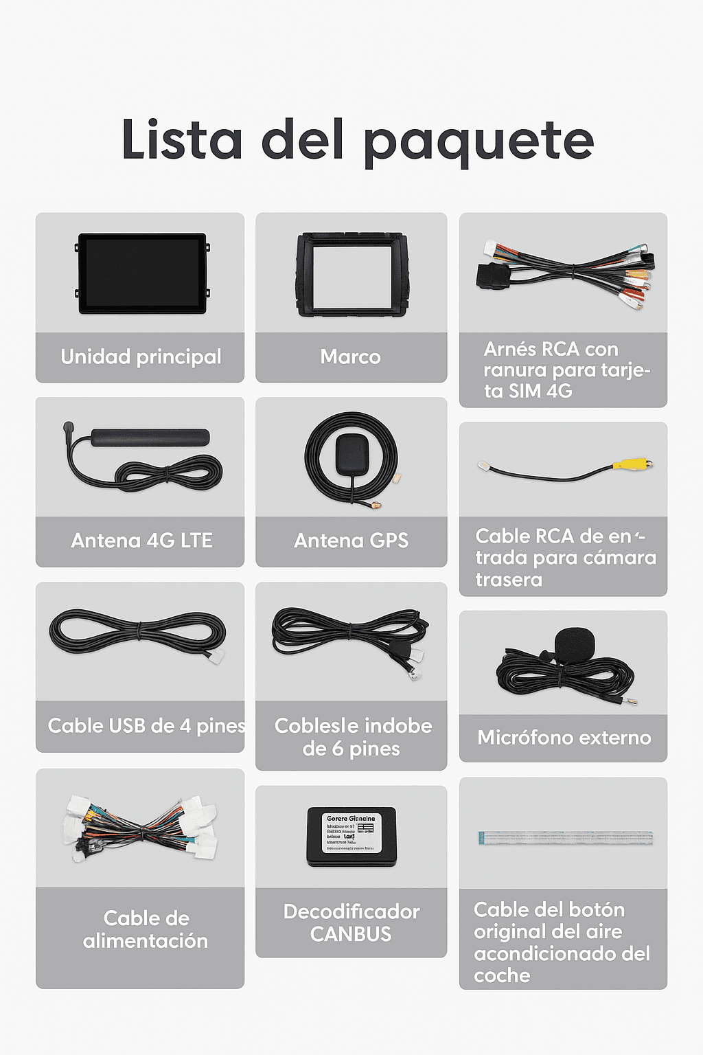 Contenido del paquete: Pantalla, marco, decodificador CANBUS, antenas GPS/4G, micrófono y cableado completo para Toyota Land Cruiser