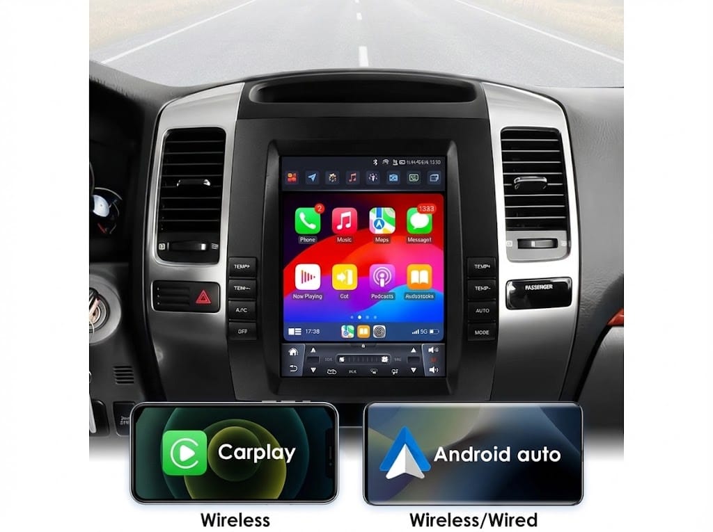Resultado de instalación: Radio pantalla vertical estilo Tesla integrada perfectamente en el salpicadero del Toyota Land Cruiser