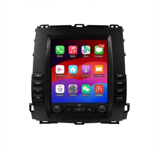 Radio navegador Android de 9.7 pulgadas para Toyota Land Cruiser (2003-2009) mostrando menú con CarPlay y Android Auto