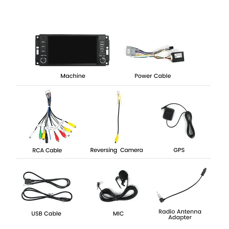 Accesorios incluidos en el paquete: pantalla para coche, cables de conexión, cámara trasera, GPS, micrófono y adaptadores