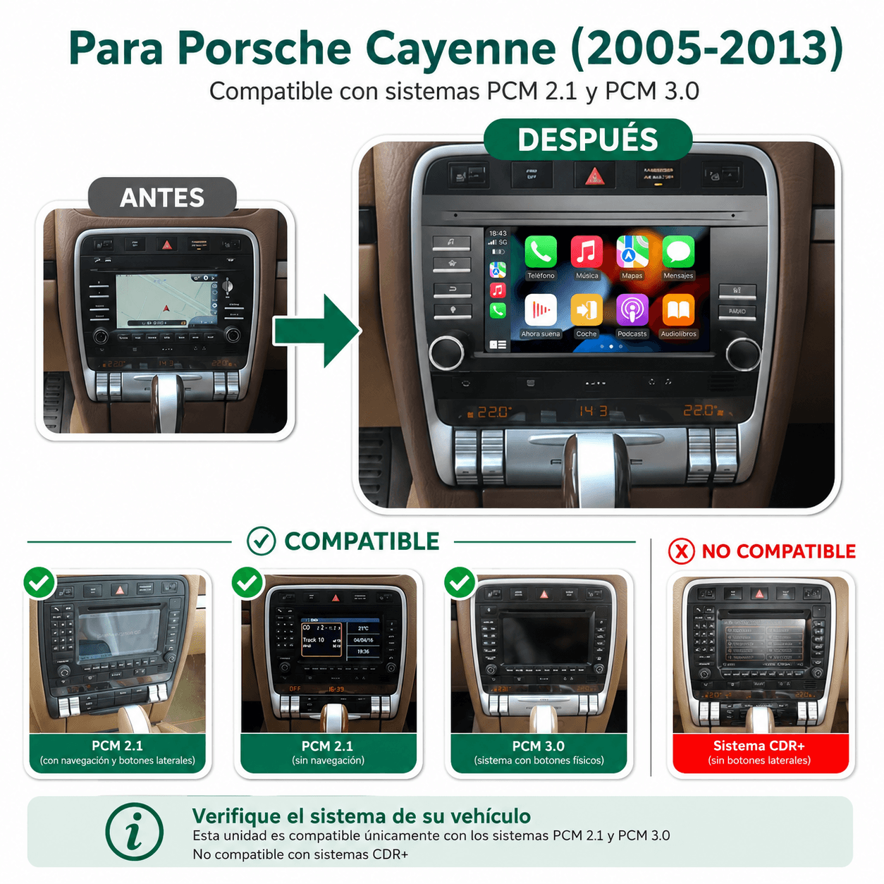 Guía de compatibilidad de pantalla multimedia para Porsche Cayenne. Válido para salpicaderos de modelos 955 y 957 (2003-2010), no compatible con chasis posteriores.