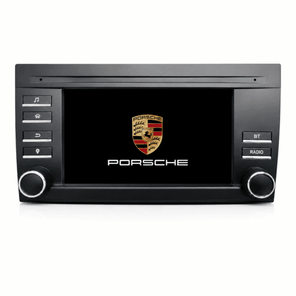 Radio pantalla multimedia con sistema CarPlay y logo de Porsche en display, compatible con modelos Cayenne 955 y 957