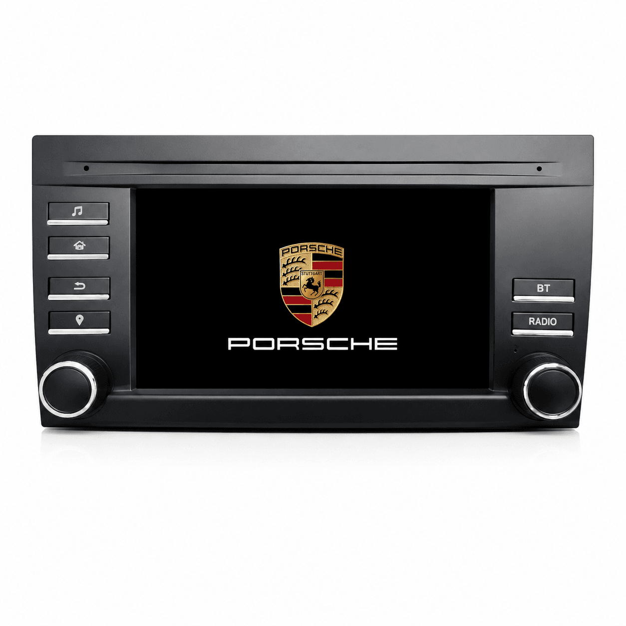Radio pantalla multimedia con sistema CarPlay y logo de Porsche en display, compatible con modelos Cayenne 955 y 957